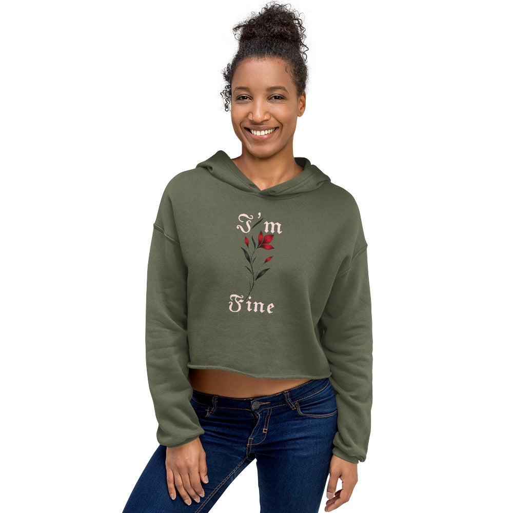 Smiling model wearing olive hoodie with “I’m Fine” floral art by JMTR | Jeometry