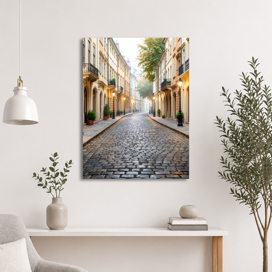 European cobblestone street at dawn, morning fog, glowing lanterns, calm aesthetic wall art print, JMTR Jeometry Store