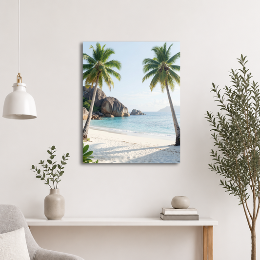 Tropical beach scene with two palm trees, turquoise ocean and white sand, calm aesthetic wall art print, JMTR Jeometry Store