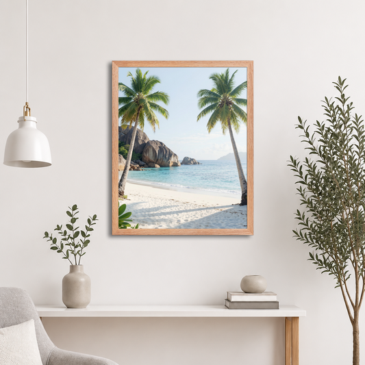 Framed tropical beach print with turquoise ocean, white sand and palm trees, ready to hang coastal wall art, JMTR Jeometry Store