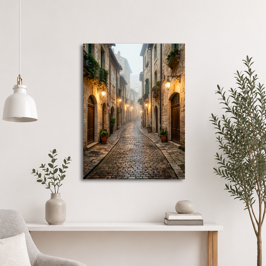 Italian village cobblestone street wall art print, warm lanterns foggy alley calm aesthetic poster, JMTR Jeometry Store