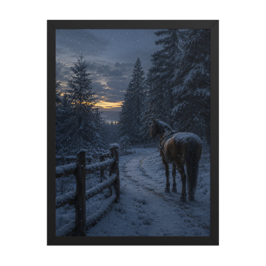 Framed winter forest poster featuring a lone horse on a snowy woodland path at twilight, inspired by Robert Frost's Miles to go, original Visual Poetry artwork.