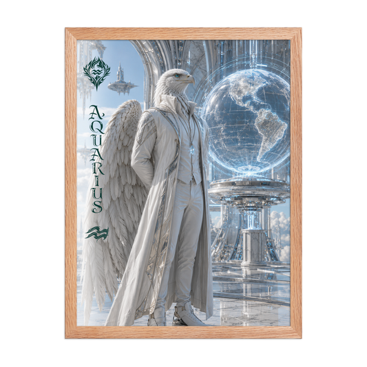 Framed Aquarius man zodiac poster featuring a white eagle standing before a glowing world in a futuristic celestial city