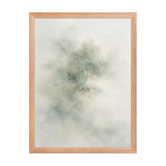 Framed minimalist watercolor-inspired artwork with a softly emerging tree form and subtle neutral tones.