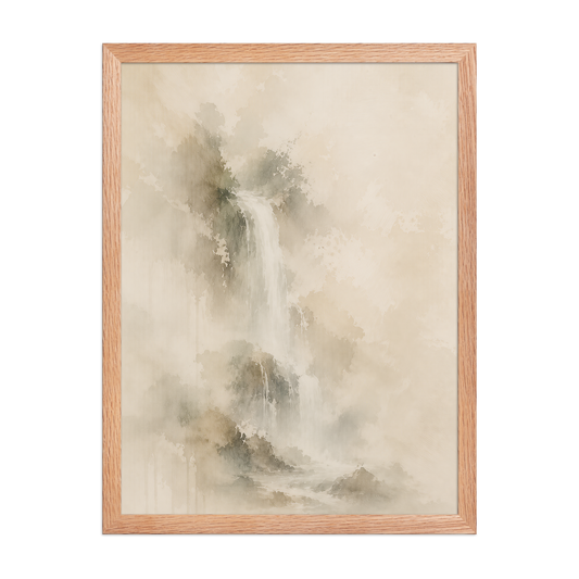 Framed waterfall-inspired poster featuring soft flowing forms in warm neutral and muted earth tones.