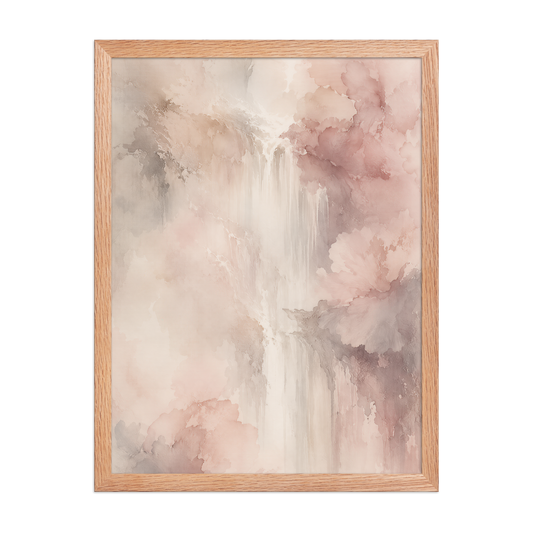 Framed waterfall-inspired poster featuring soft flowing forms in blush pink, warm neutrals, and muted earth tones.