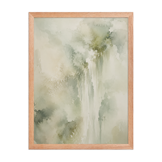 Framed waterfall-inspired poster featuring soft flowing forms in sage green, warm neutrals, and muted natural tones.