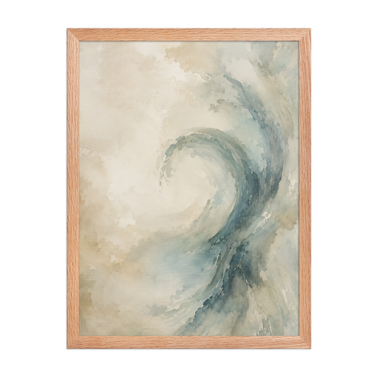 Framed ocean wave-inspired poster with flowing watercolor textures in soft blue, ivory, and warm neutral tones.