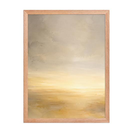 Framed sunrise poster featuring a glowing ocean horizon with soft watercolor textures in warm gold, ivory, and neutral tones.