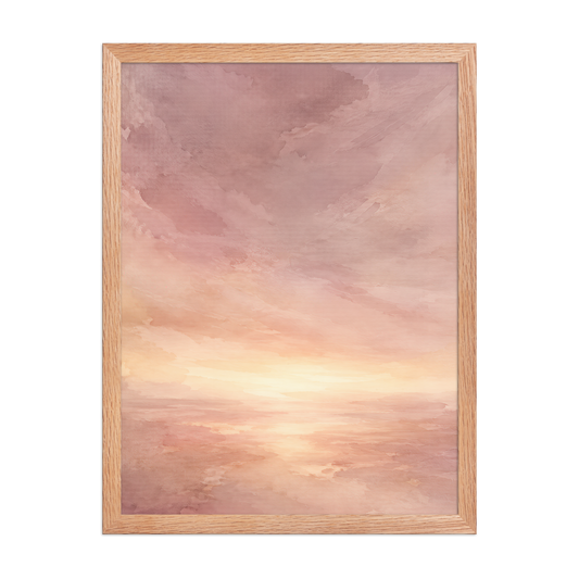 Framed sunrise poster with a glowing blush ocean horizon and soft watercolor textures in pink, peach, and warm neutral tones.