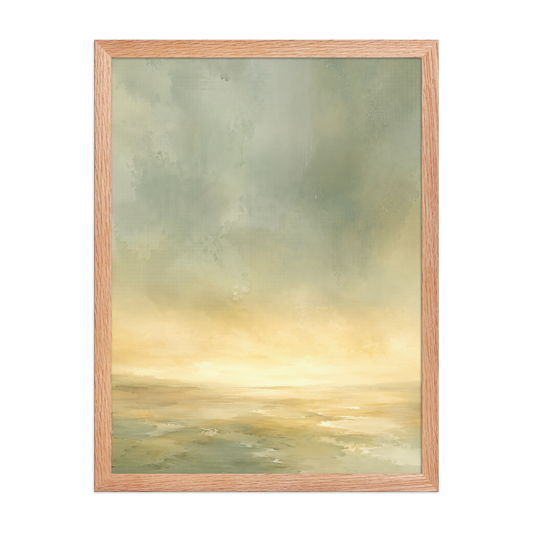 Framed sunrise poster featuring a glowing ocean horizon with soft sage green, warm gold, and watercolor textures.