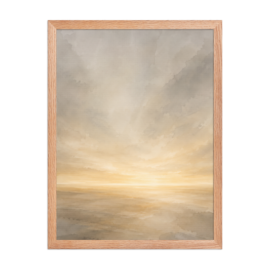 Framed sunrise poster featuring a glowing ocean horizon with soft neutral watercolor textures in ivory, beige, and warm gold.