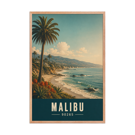 Framed Malibu California retro travel poster with 90265 zip code, coastal beach wall art