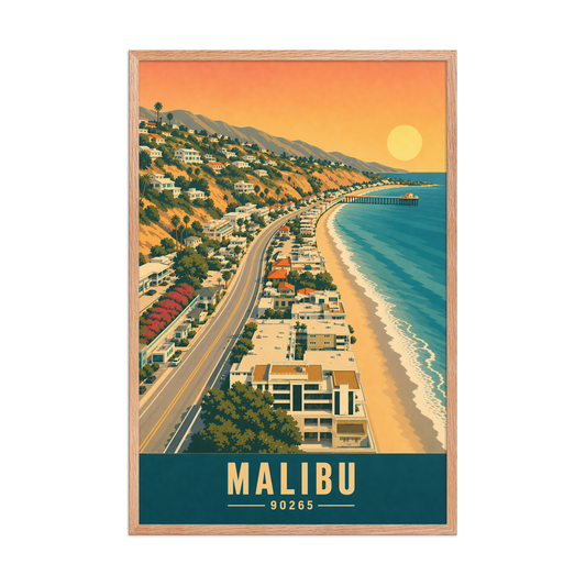Framed aerial Malibu Pacific Coast Highway poster with 90265 zip code