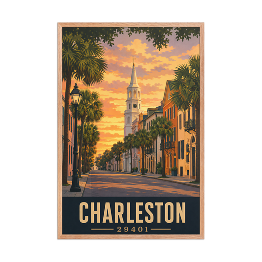 Framed Charleston church steeple sunset poster with 29401 zip code