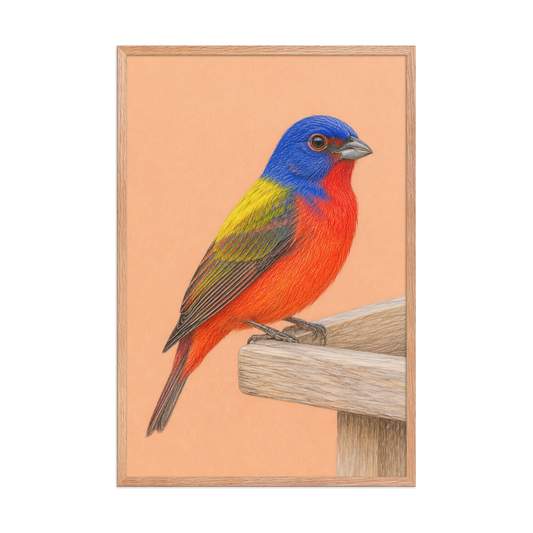 Framed Painted Bunting colored pencil illustration on wooden feeder, apricot background, wood frame wall art