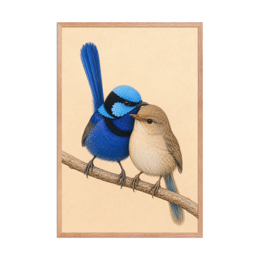 Framed male and female Splendid Fairywren blue wren pair colored pencil illustration, wood frame wall art