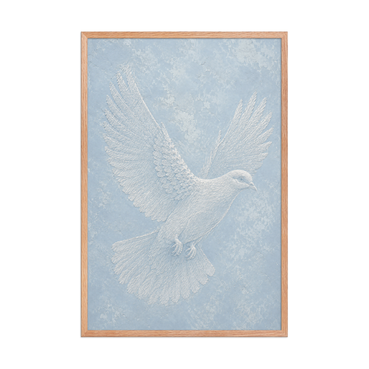 Framed peace dove print with embossed relief-look design on dusty blue textured background