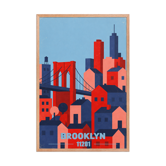 Framed Brooklyn Bridge retro travel poster, 11201 zip code wall art
