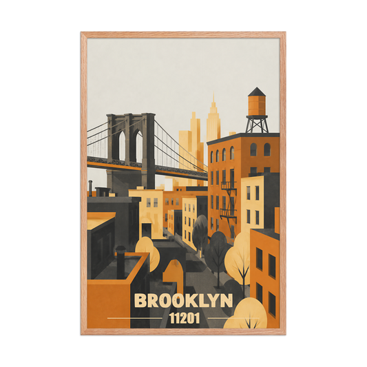 Framed Brooklyn fire escape retro travel poster, 11201 zip code wall art