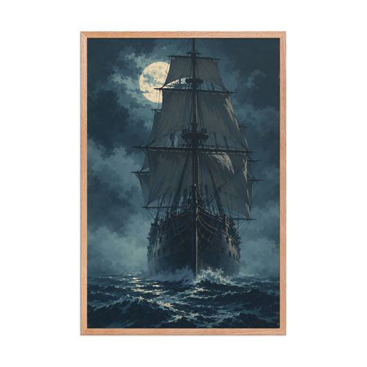 Tall ship sailing under full moon at night, vintage atmospheric nautical framed wall art print ready to hang, JMTR Jeometry Store