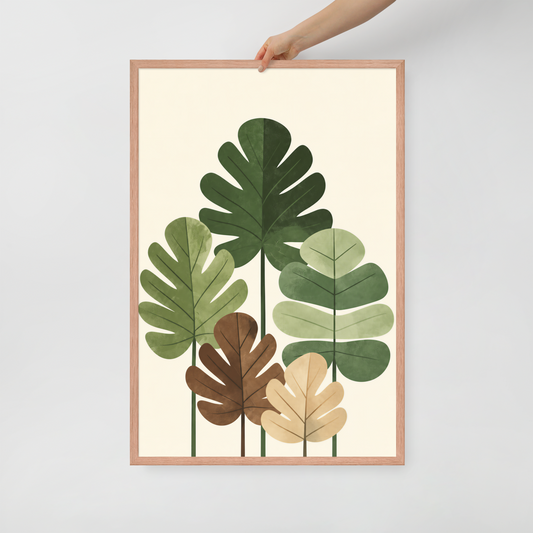 Illustrated fig leaves in shades of green, brown and gold with textured paper-like finish, framed wall art print ready to hang, JMTR Jeometry Store
