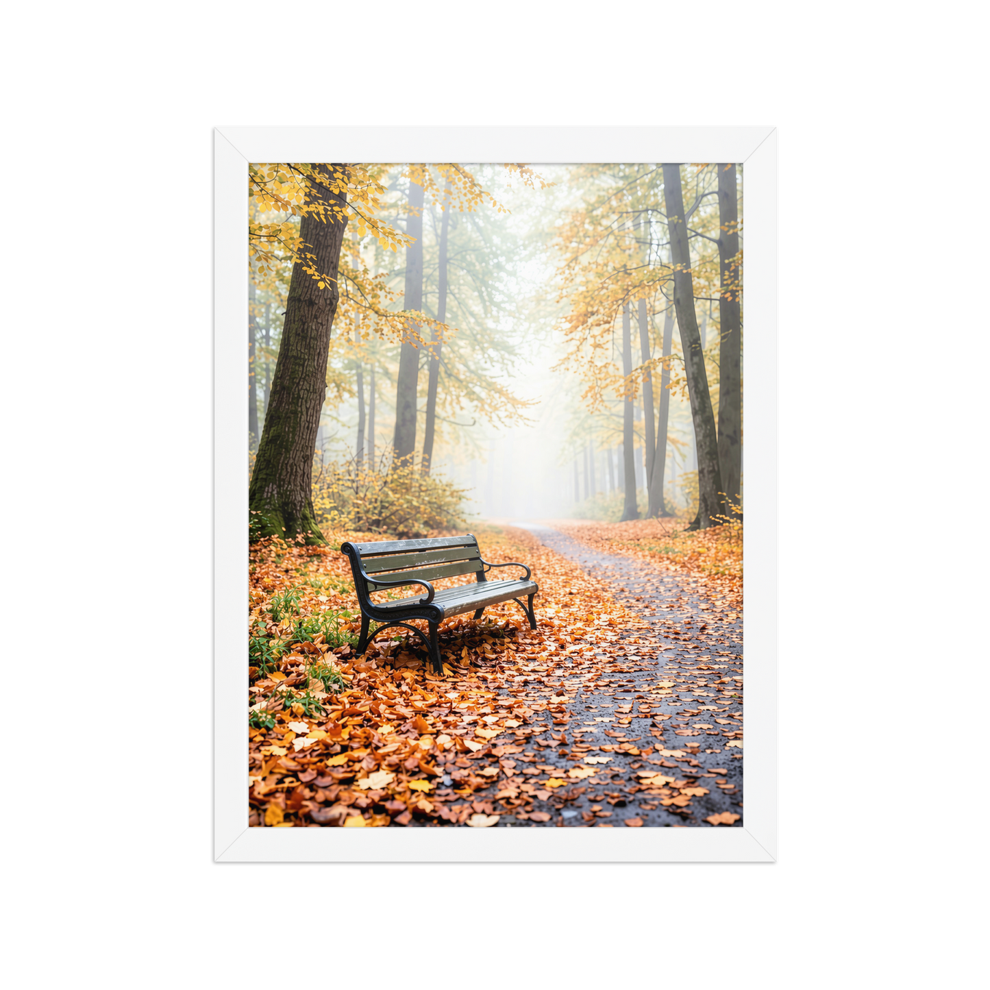Framed autumn park bench wall art, foggy forest path fall leaves calm aesthetic poster, black frame, JMTR Jeometry Store