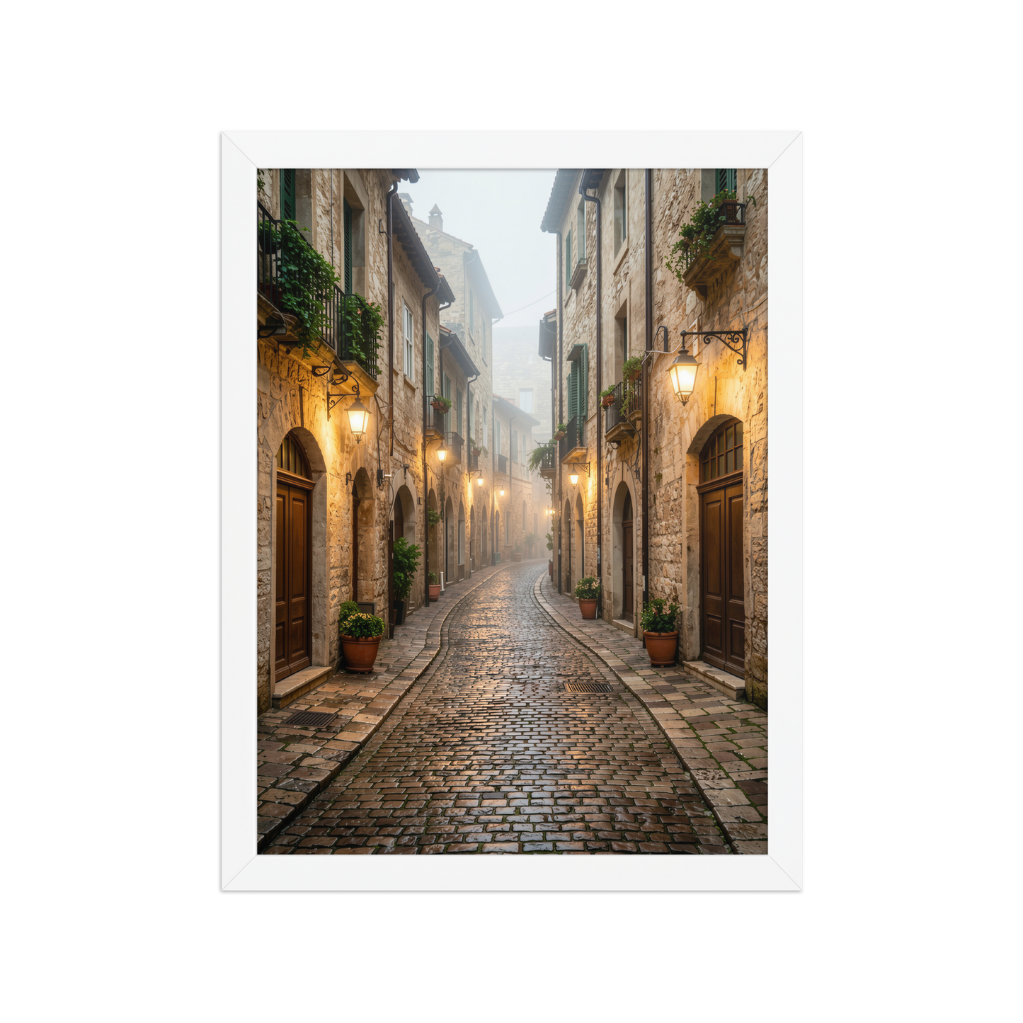 Framed Italian village cobblestone street wall art, warm lanterns foggy alley calm aesthetic poster, black frame, JMTR Jeometry Store