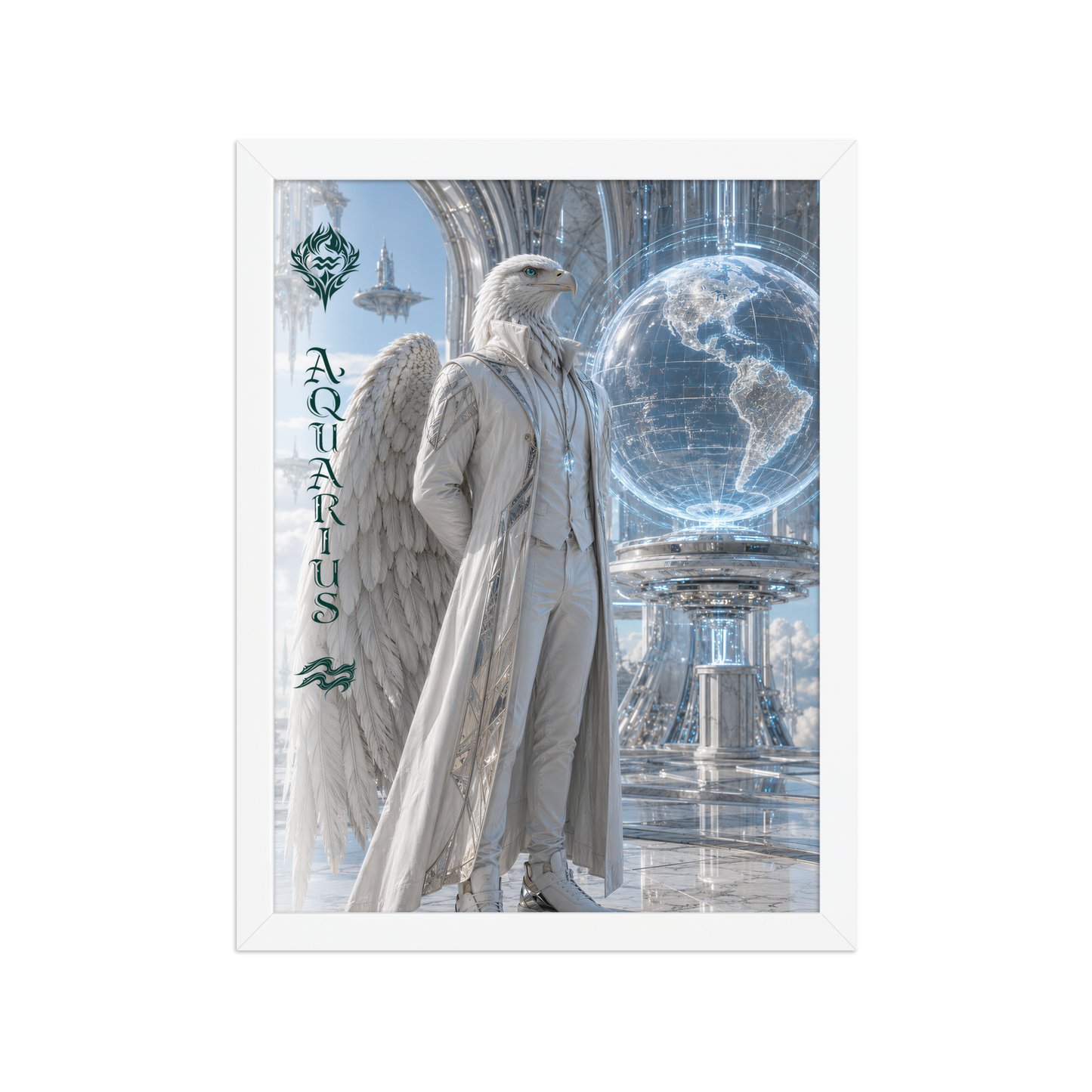 Framed Aquarius man zodiac poster featuring a white eagle standing before a glowing world in a futuristic celestial city