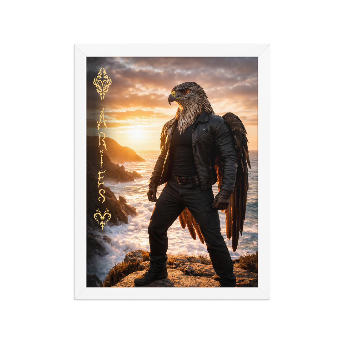 Framed Aries man poster featuring a powerful eagle figure standing above ocean cliffs at sunset, symbolizing strength, courage, and leadership.