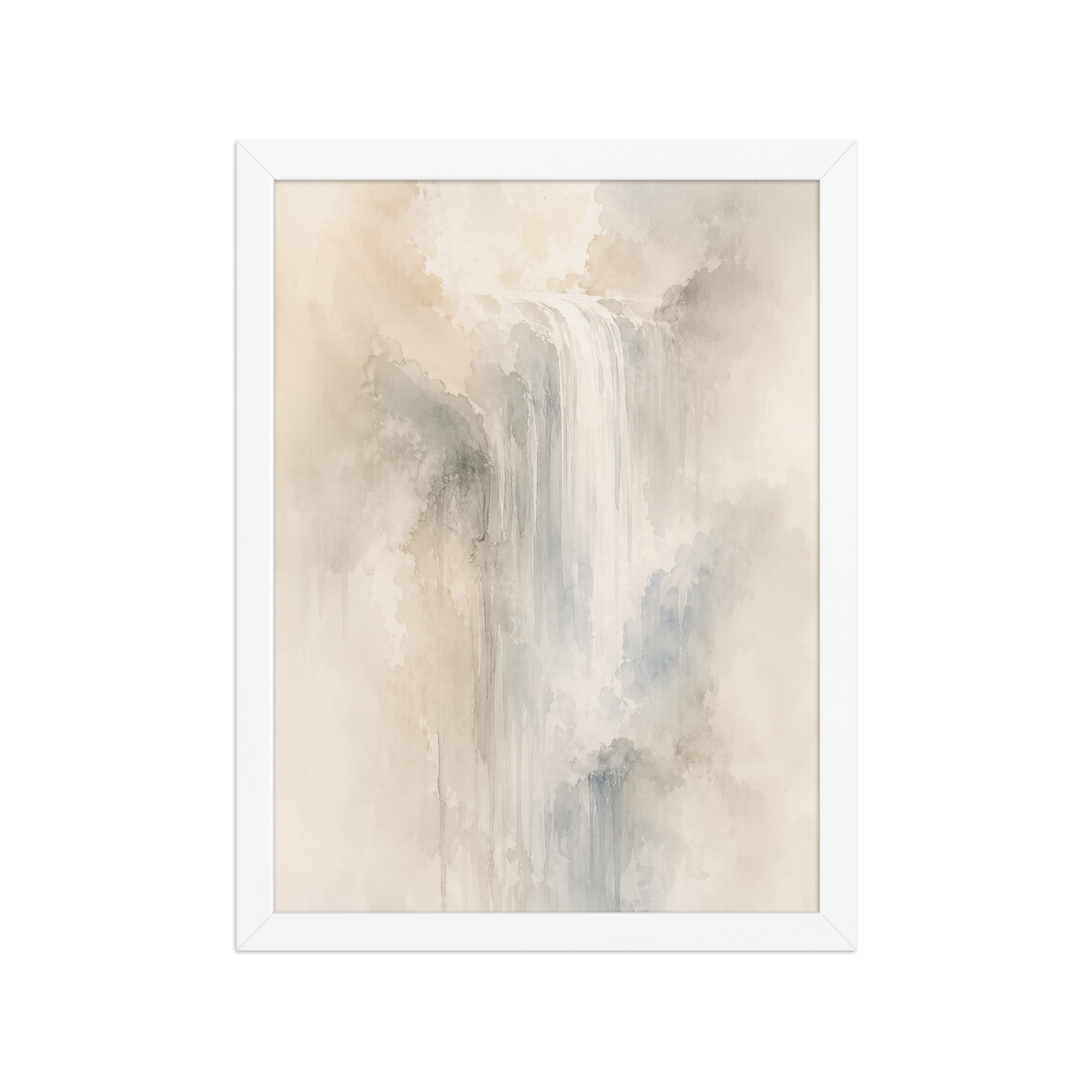 Framed waterfall-inspired poster with soft flowing forms in warm neutrals, misty blues, and subtle organic textures.