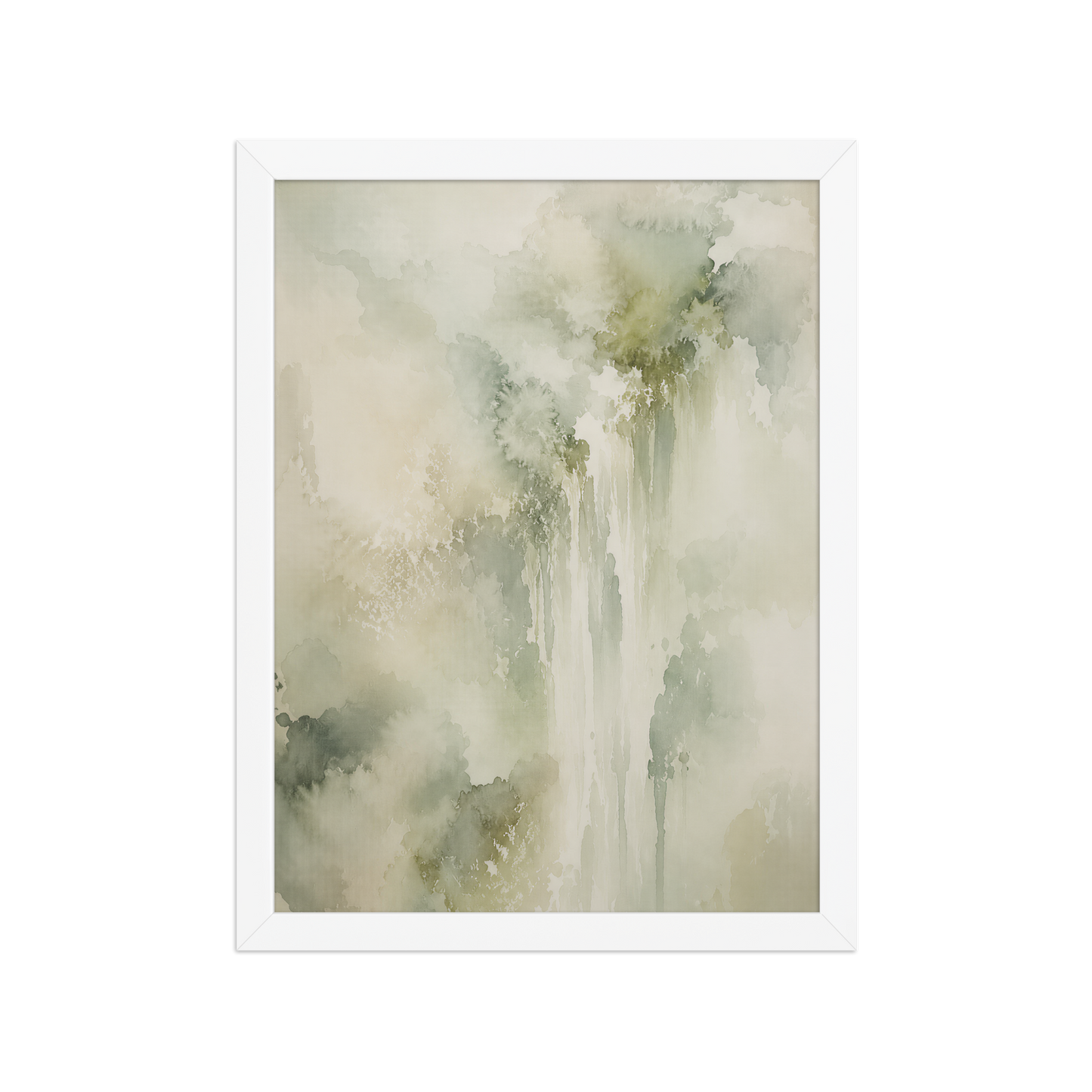 Framed waterfall-inspired poster featuring soft flowing forms in sage green, warm neutrals, and muted natural tones.