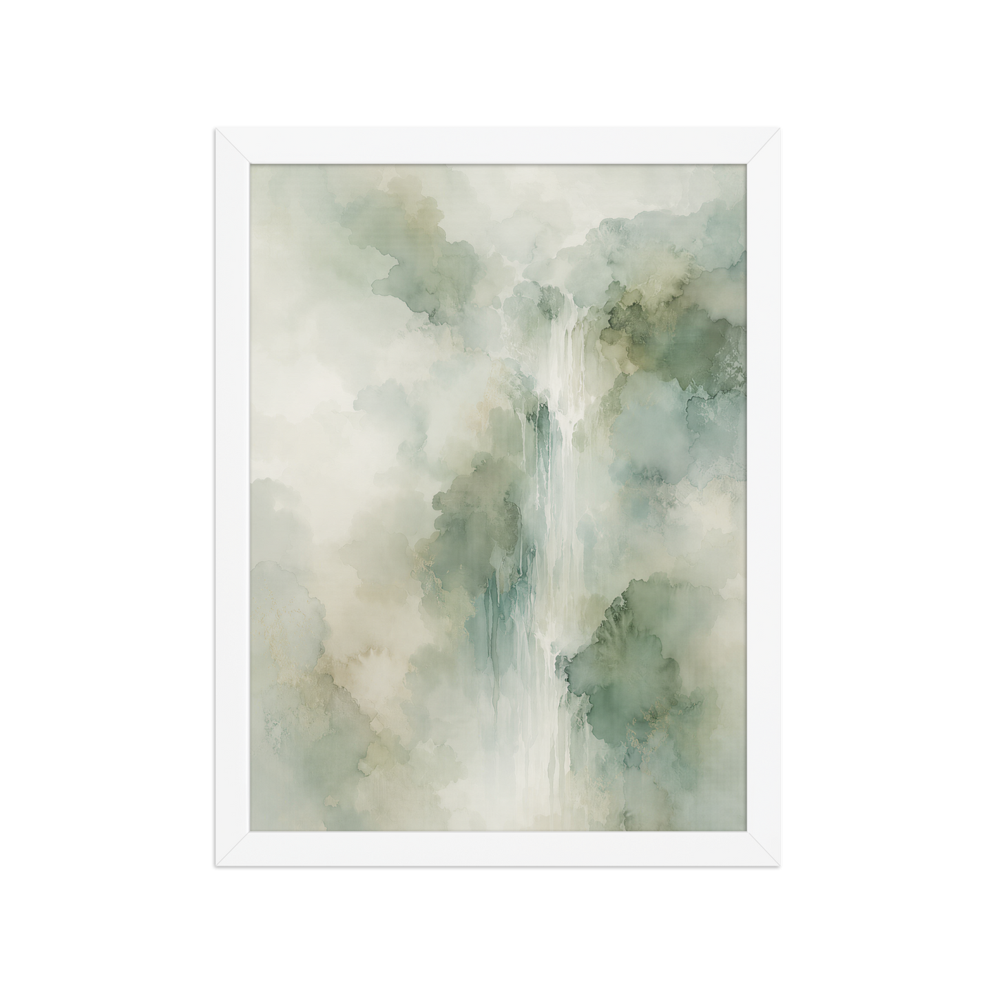 Framed waterfall-inspired poster with soft sage green tones, flowing water, and organic watercolor textures.