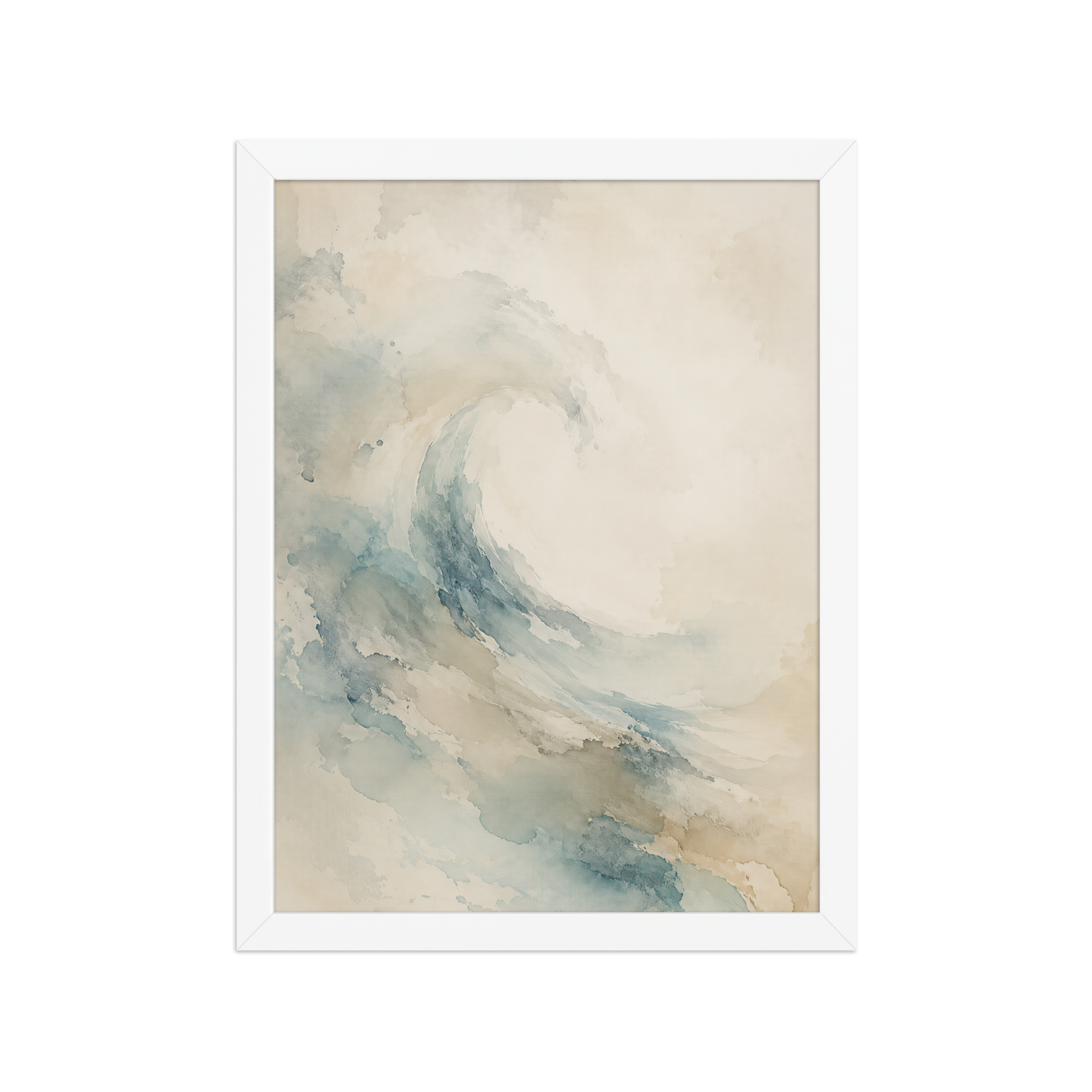 Framed ocean wave-inspired poster with flowing watercolor textures in soft blue, sand, and warm neutral tones.
