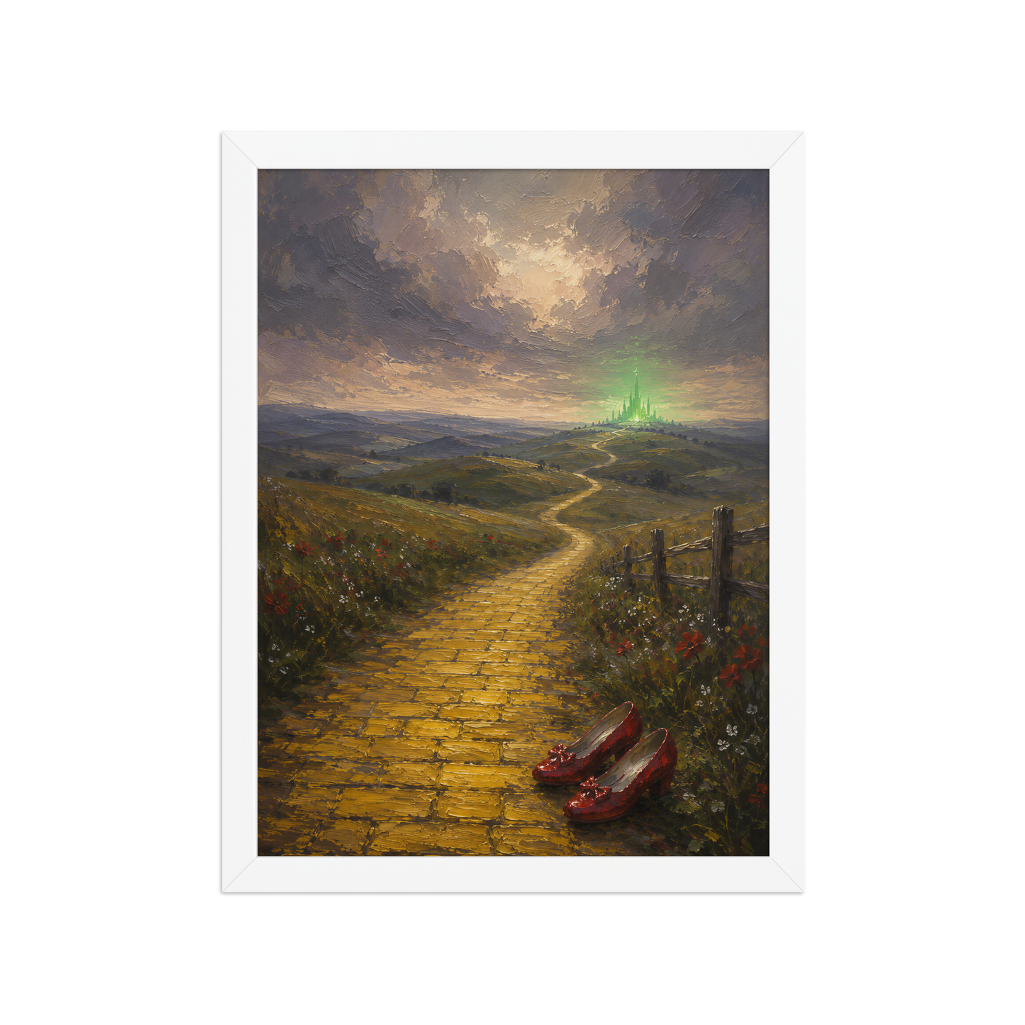 Framed Yellow Brick Road poster featuring ruby slippers beside a winding golden path leading toward a distant emerald city, inspired by There's No Place Like Home, original Visual Poetry artwork.