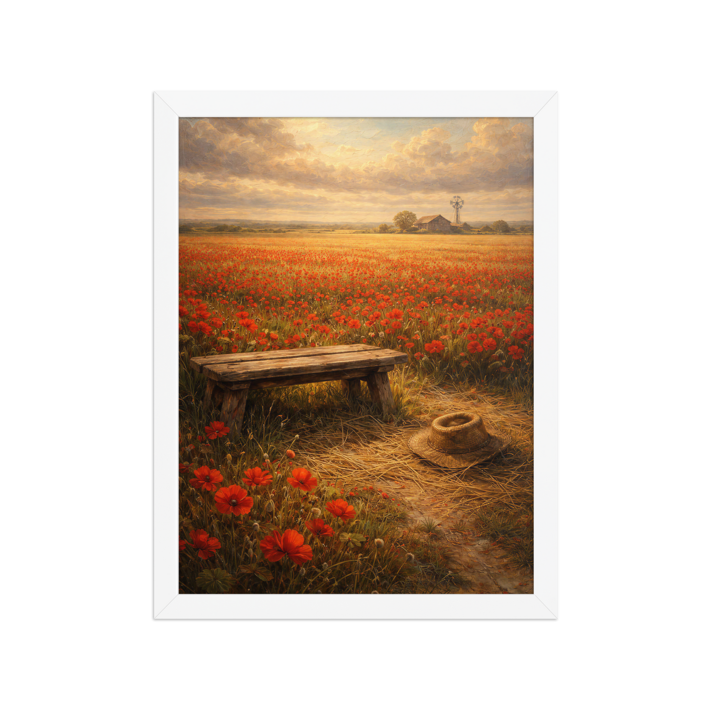 Framed Poppy Field poster featuring a rustic bench, straw hat, and a vast field of red poppies beneath a glowing countryside sky, inspired by The Deadly Poppy Field, original Visual Poetry artwork.