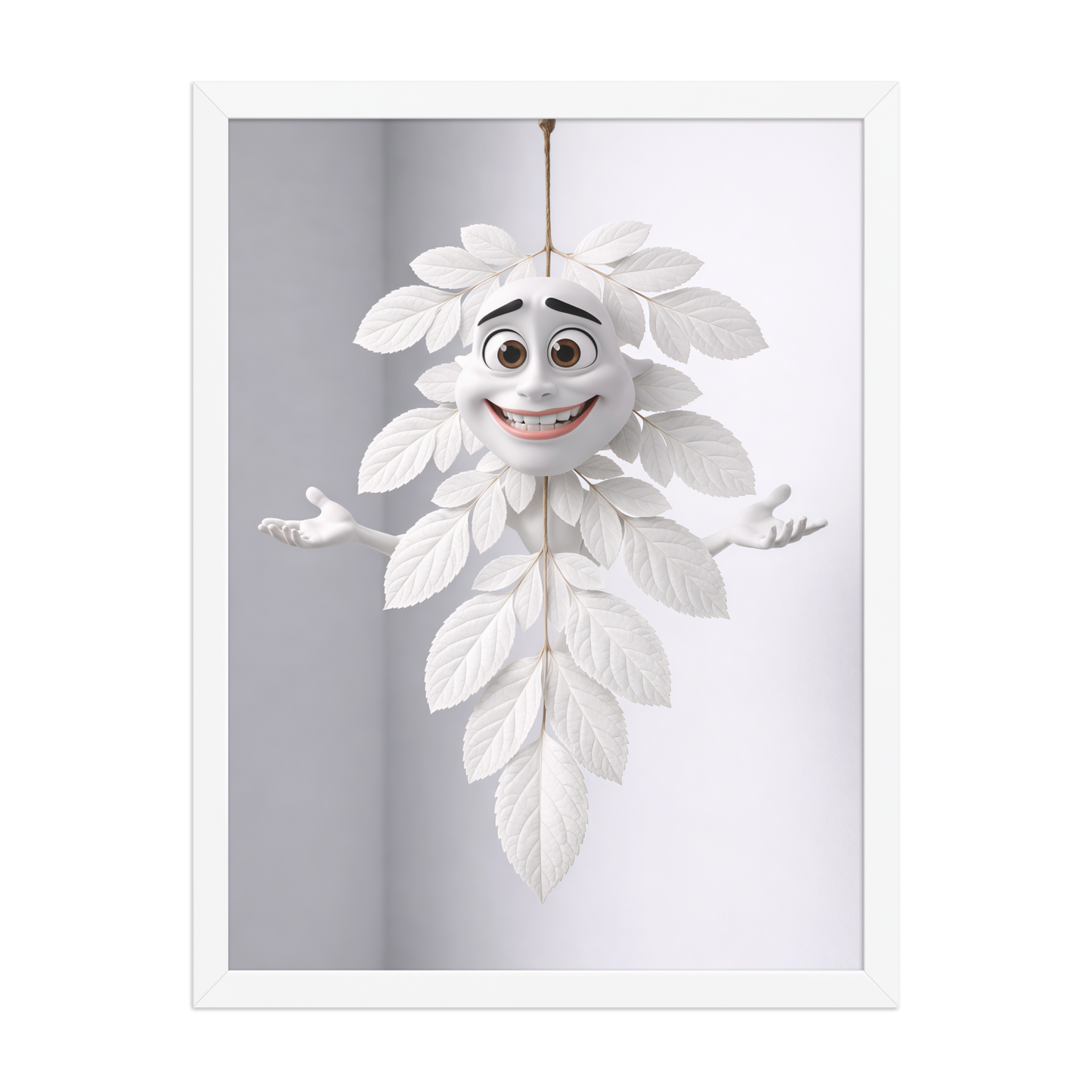 Whimsical leaf character wall art poster, framed matte paper print with illustrated faces in leaves for modern home decor