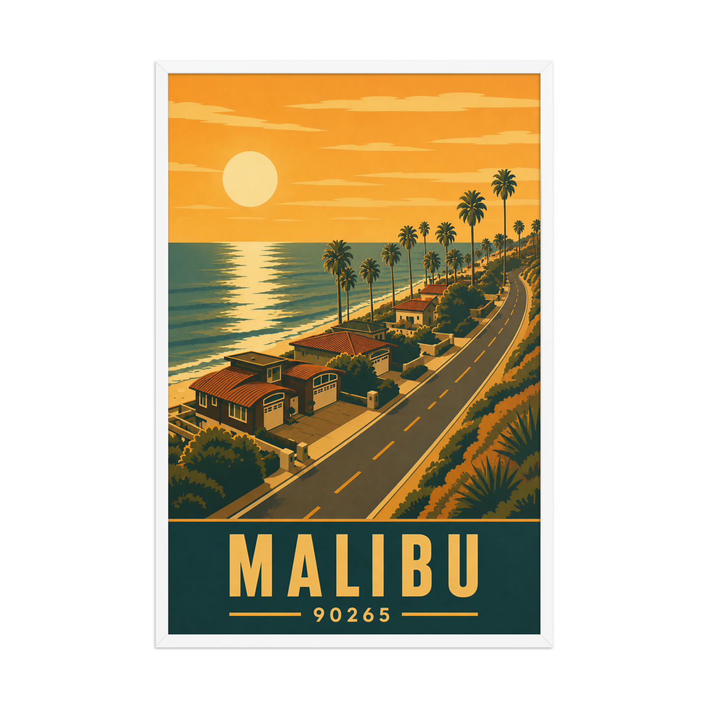 Framed Malibu palm-lined sunset coastal road poster with 90265 zip code