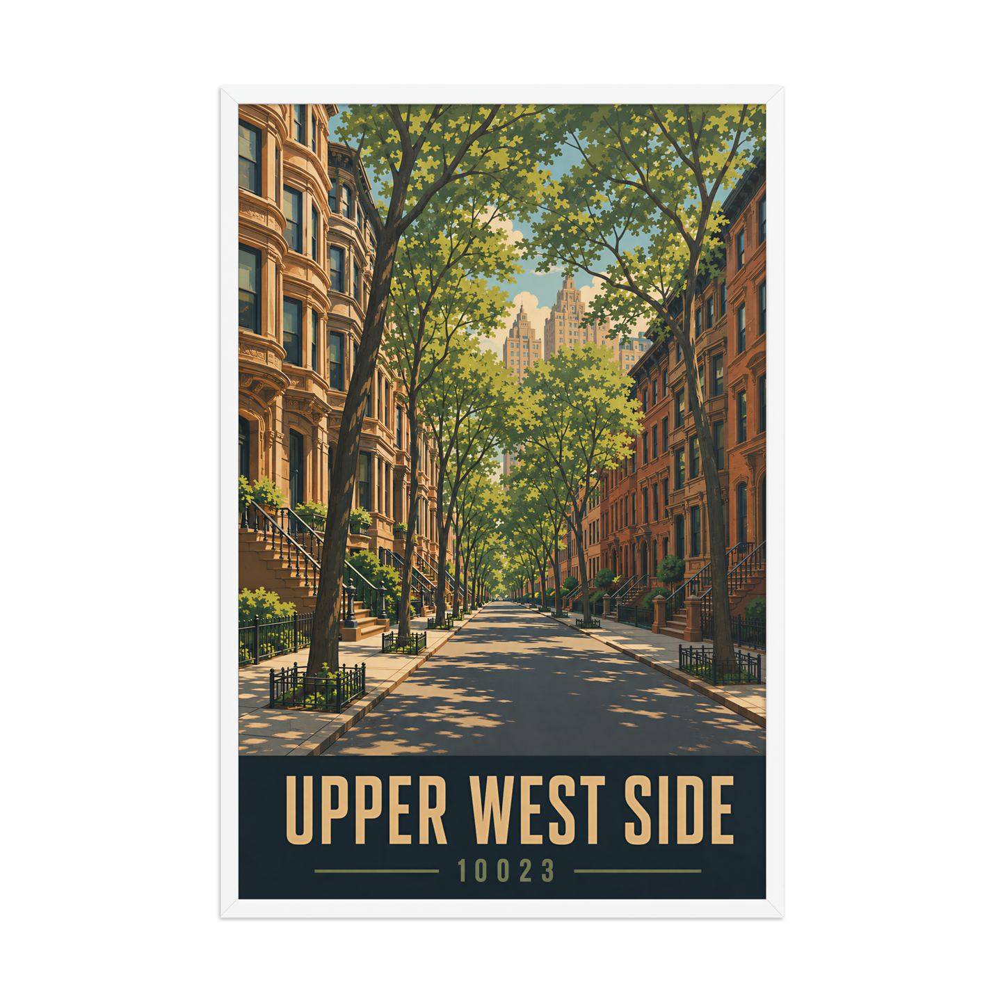 Framed Upper West Side brownstone street poster with 10023 zip code