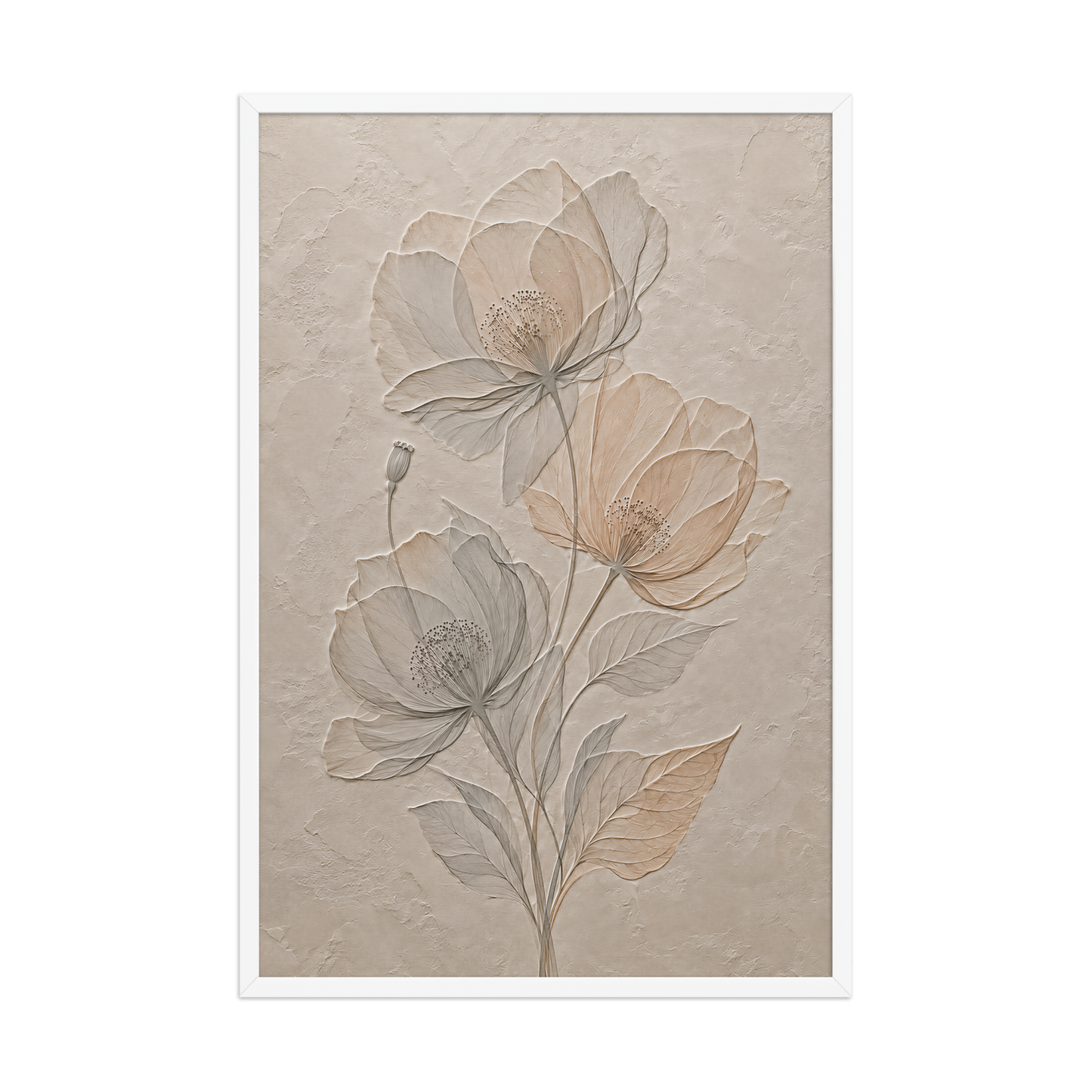 Framed wildflower bouquet print with embossed relief-look design on neutral beige textured background