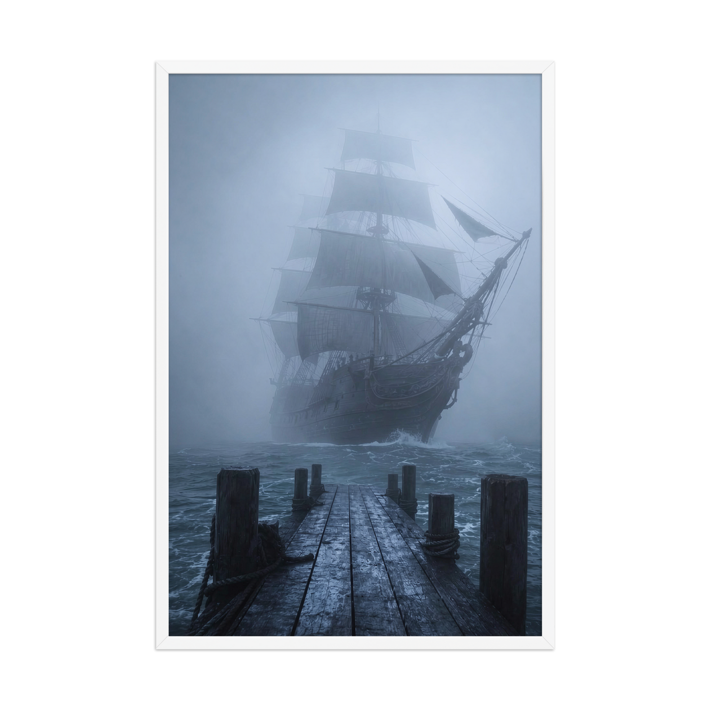 Ghost ship emerging from fog at dawn, dark moody framed wall art print ready to hang, JMTR Jeometry Store