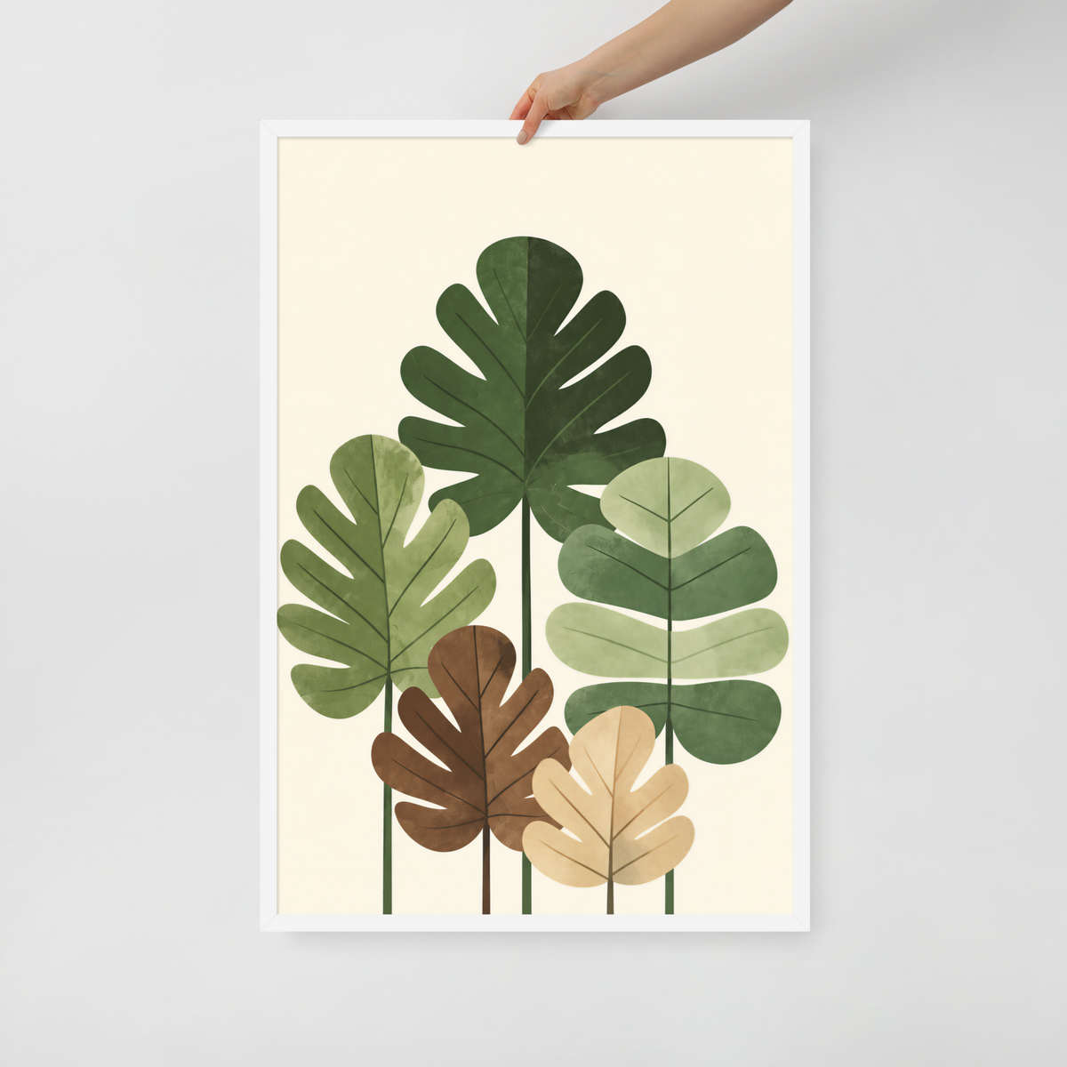 Illustrated fig leaves in shades of green, brown and gold with textured paper-like finish, framed wall art print ready to hang, JMTR Jeometry Store