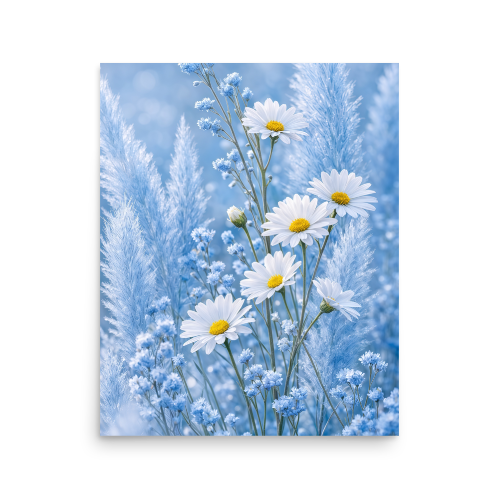 Minimalist floral art print featuring white daisies in a pale blue meadow with soft neutral tones