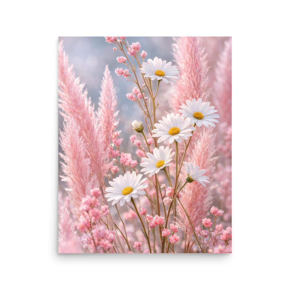 Minimalist blush floral art print with white daisies and soft pink grasses in neutral tones