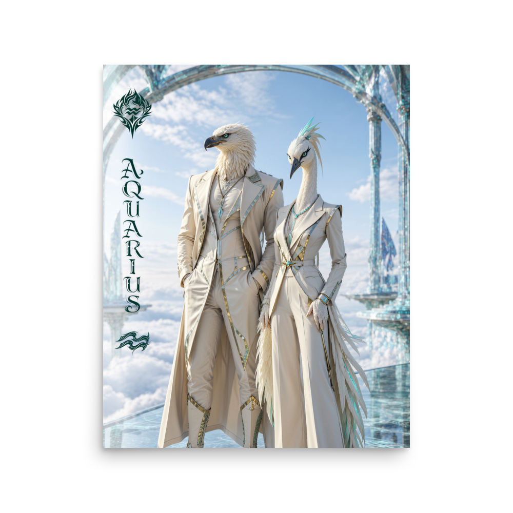 Aquarius power couple zodiac poster with eagle king and crane queen