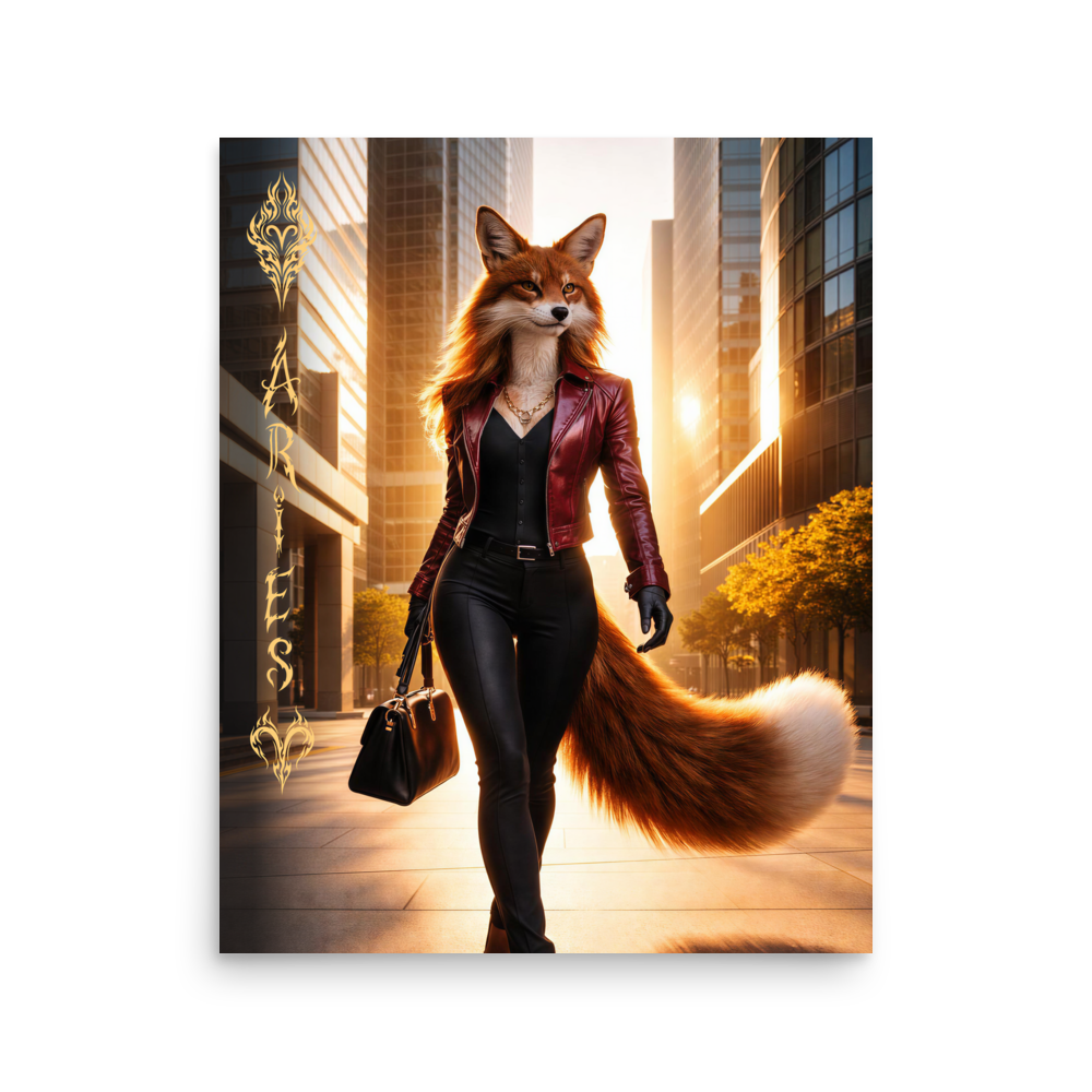 Aries fox woman zodiac poster walking through a modern city at sunset