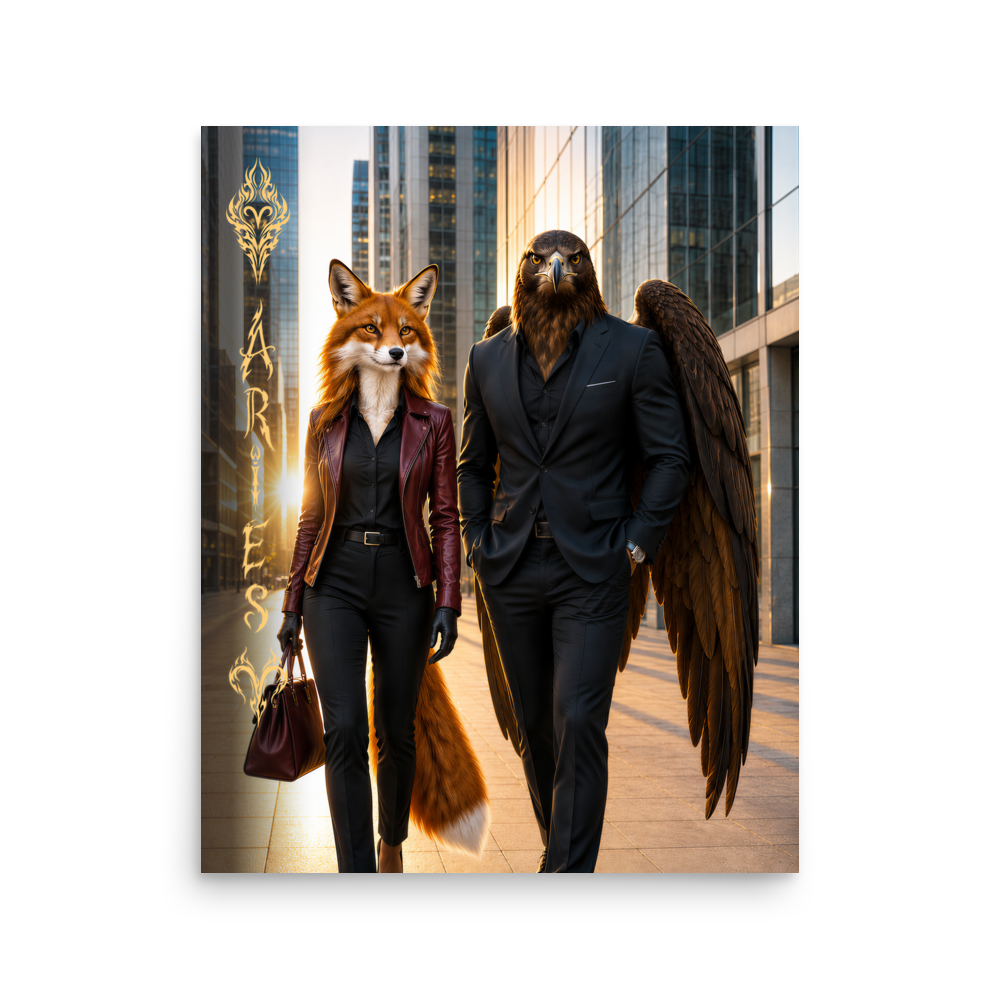 Aries power couple poster featuring eagle and fox archetypes walking together through a modern city, symbolizing strength, ambition, and partnership.