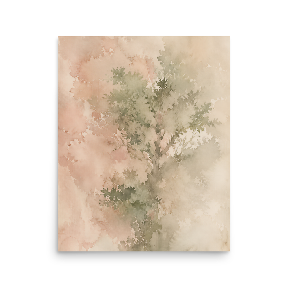 Minimalist nature-inspired poster featuring a softly emerging tree form in blush, sage, and warm neutral tones.