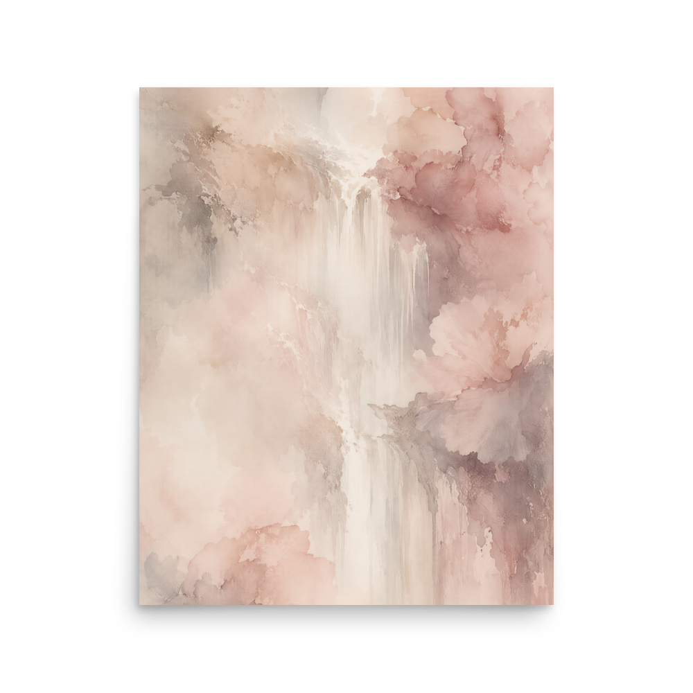 Minimalist waterfall-inspired poster featuring soft flowing forms in blush pink, warm neutrals, and muted earth tones.