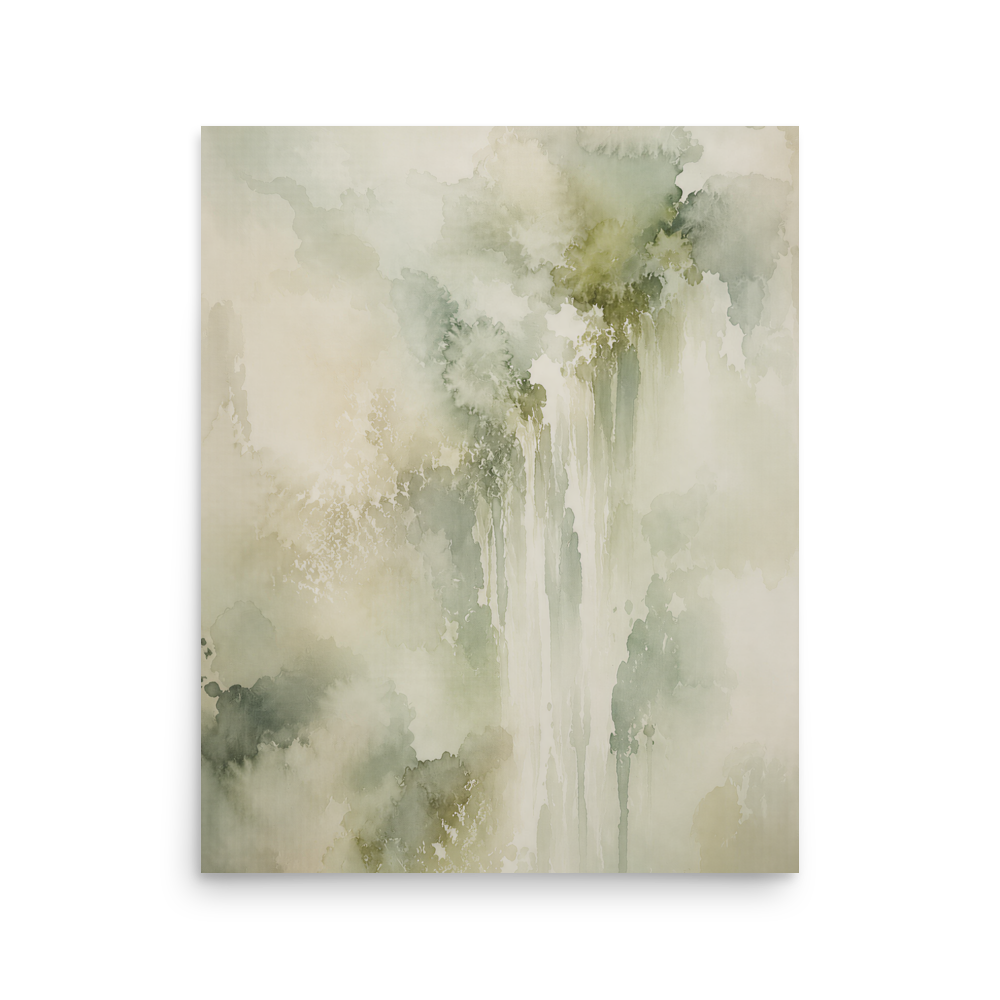Minimalist waterfall-inspired poster featuring soft flowing forms in sage green, warm neutrals, and muted natural tones.